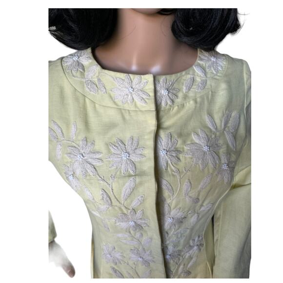 Anthropology Plenty Yellow Linen & White embroidered Beaded Coat size 6 - Picture 6 of 17